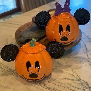 Mickey and Minnie pumpkin cookie jar set